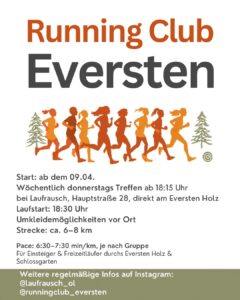 🏃‍♂️ Running Club Eversten 🏃‍♀️ Du hast Lust auf Bewegung an der frischen Luft und nette Lauf-Community? Dann komm zu uns! Egal ob Einsteiger oder Freizeitläufer – wir laufen gemeinsam entspannte 6–8 km durch das Eversten Holz und den Schlossgarten. Verschiedene Gruppen sorgen für das passende Tempo für alle. 📅 Start ab 09.04. – immer donnerstags 🕡 Treffen ab 18:15 Uhr | Laufstart 18:30 Uhr Mach mit und werde Teil unserer Lauf-Community! 💪✨